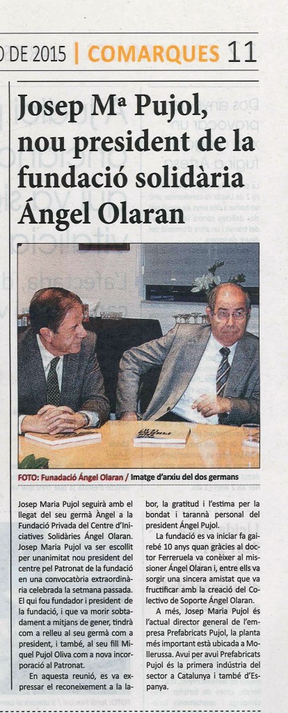 La Mañana 3-02-15 Josep Mª Pujol nou president de la Fundació Ángel Olaran